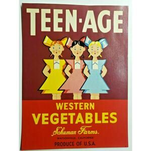 Vintage Teen-Age Western Vegetables Crate Label Watsonville, CA (B-2)